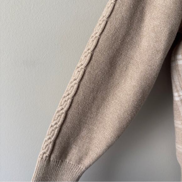 Joie Beige Plaid Cardigan long sleeve cable knit accent button down front - Picture 9 of 12